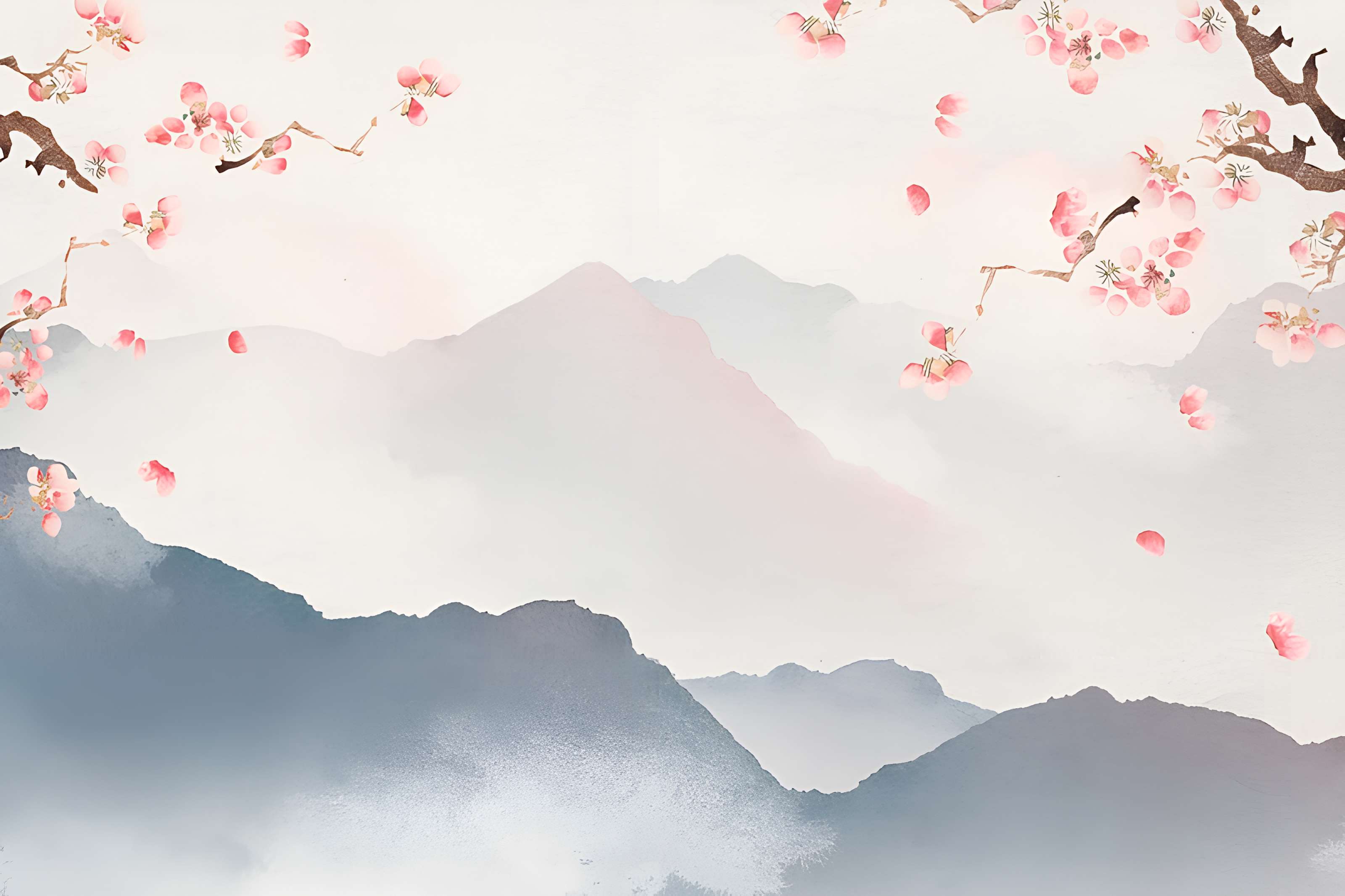 Japanese mountains with cherry blossoms